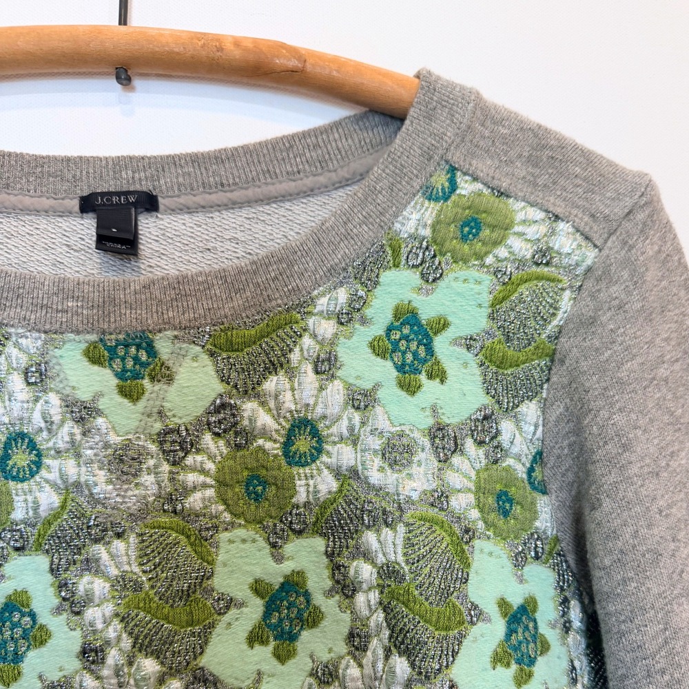J Crew Collection Metallic Floral Brocade Sweatshirt Gray Green Small Preppy - Picture 2 of 6